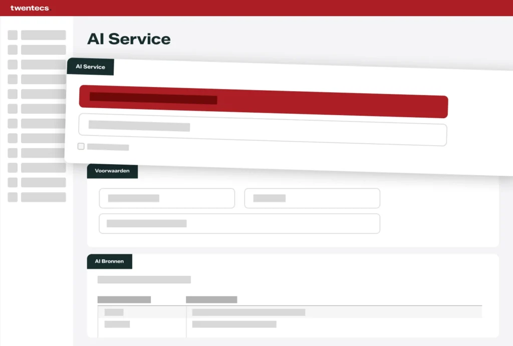 Schermweergave van een AI-service met voorwaarden en gekoppelde AI-bronnen in Twentecs