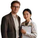 Man in bruin colbert en vrouw in beige blazer met klembord, voor een neutrale achtergrond