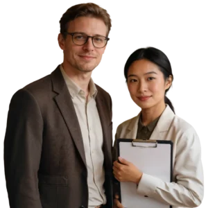 Man in bruin colbert en vrouw in beige blazer met klembord, voor een neutrale achtergrond