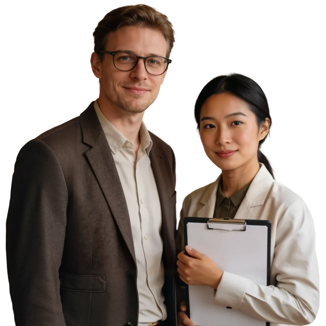 Man in bruin colbert en vrouw in beige blazer met klembord, voor een neutrale achtergrond