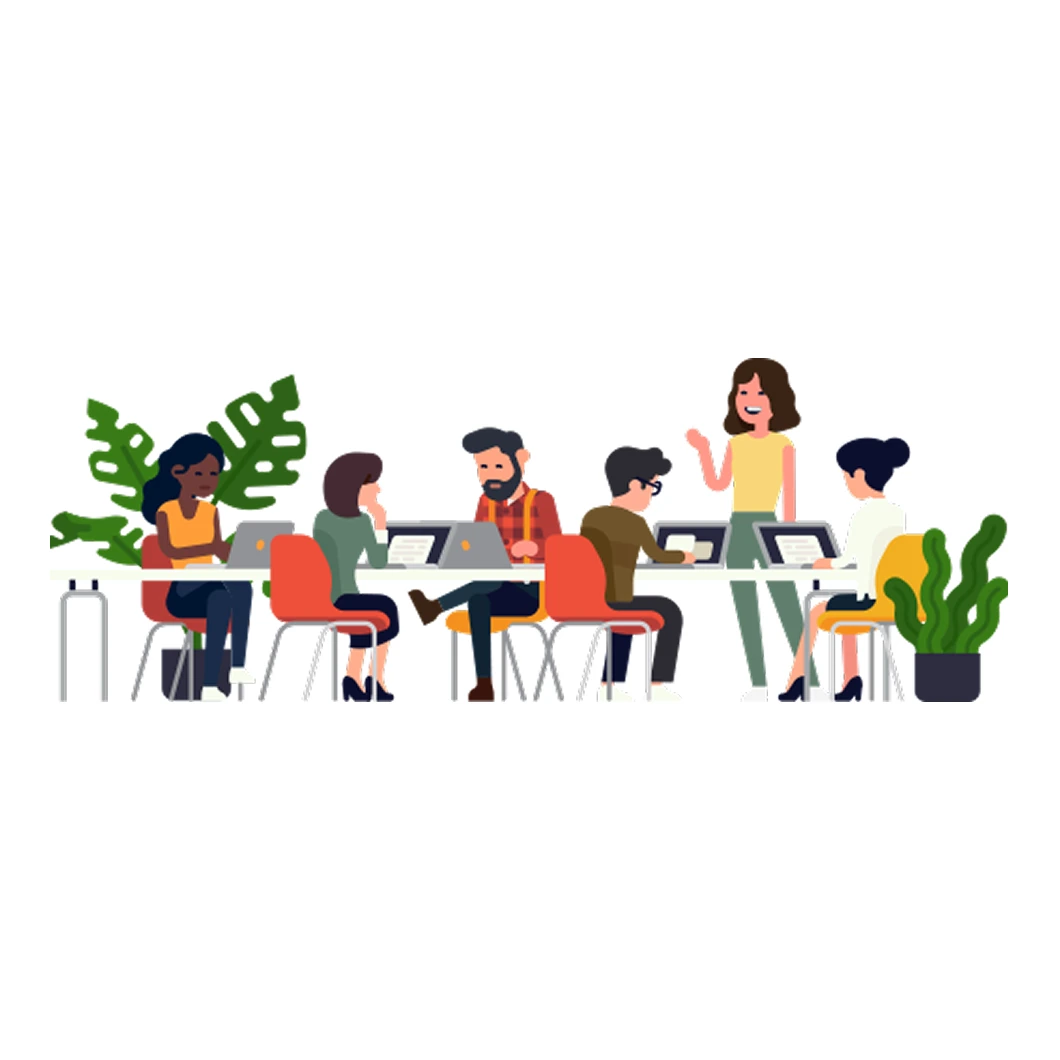 Illustratie van collega's die samenwerken achter laptops, klantverhaal Ausems Kerkvliet