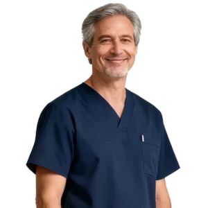 Man met grijs haar in donkerblauwe scrubs, lachend voor een neutrale achtergrond