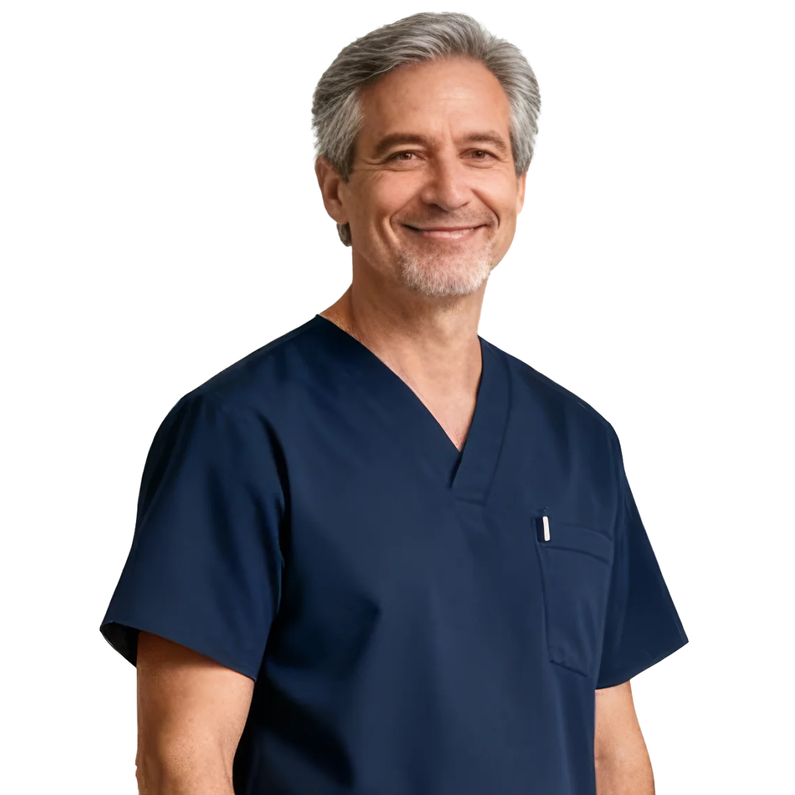 Man met grijs haar in donkerblauwe scrubs, lachend voor een neutrale achtergrond