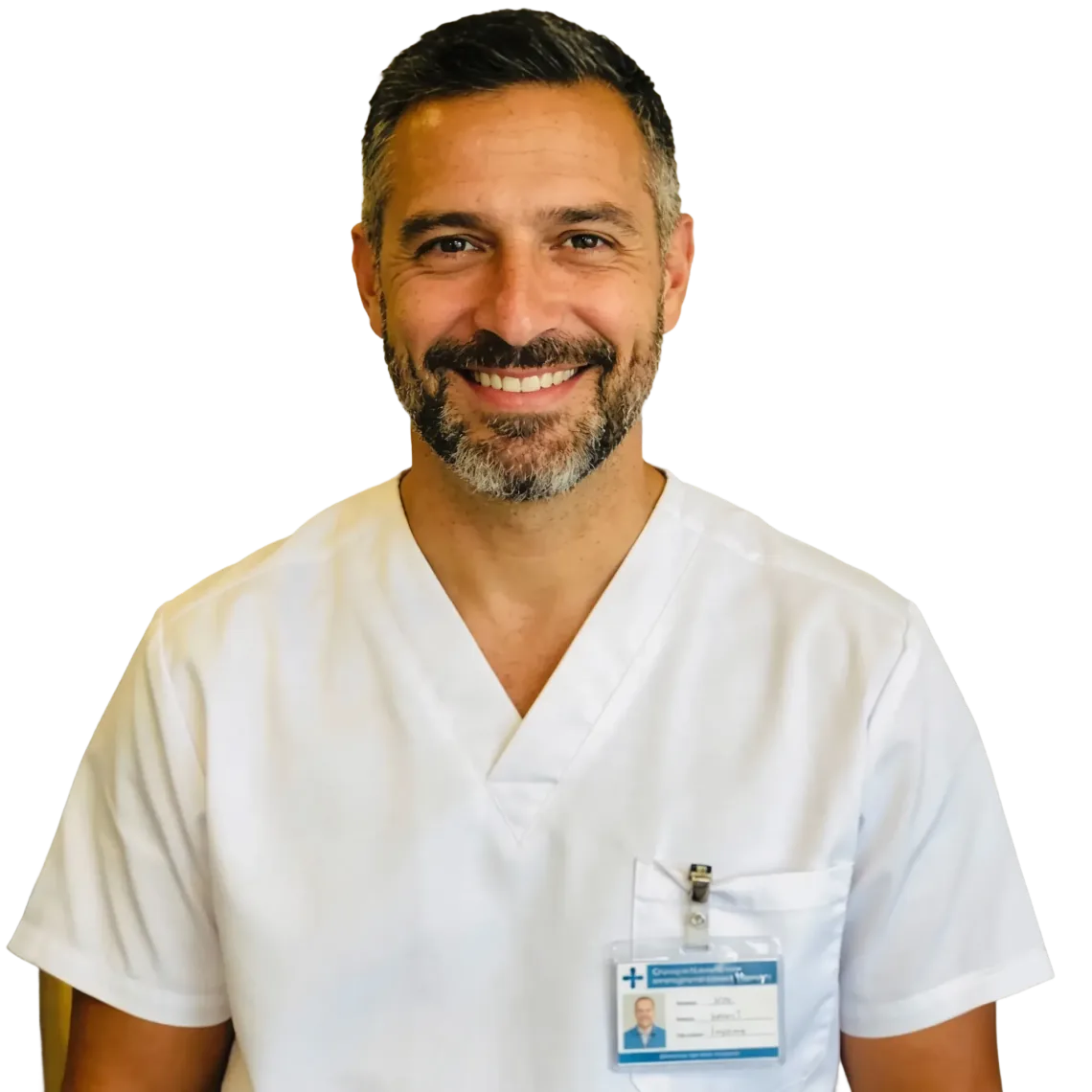 Man in medische kleding met naambadge, representatief voor bedrijfsfysiotherapie