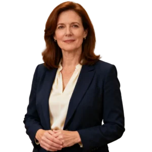 Vrouw in marineblauwe blazer met gevouwen handen, representatief voor bedrijfszorgketens