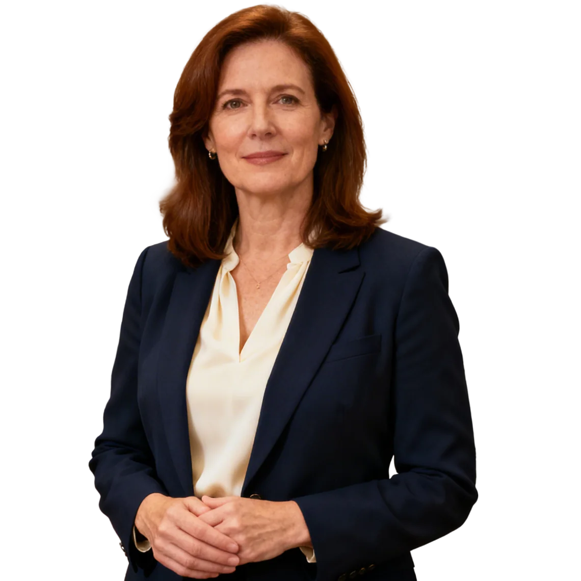 Vrouw in marineblauwe blazer met gevouwen handen, representatief voor bedrijfszorgketens