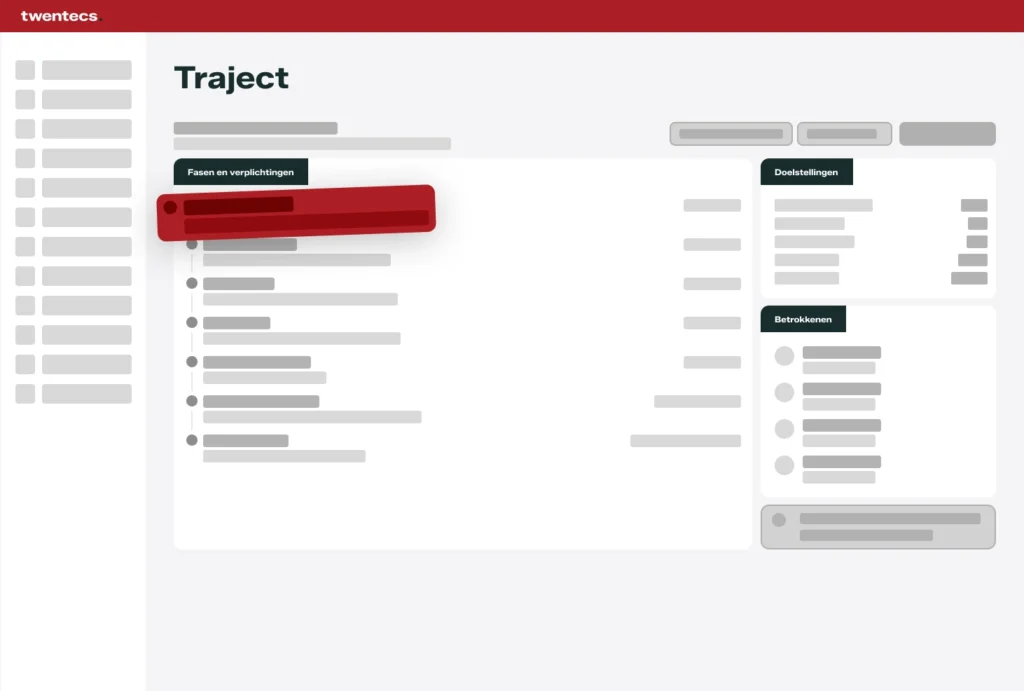 Schermweergave van casemanagement met trajectfasen, doelstellingen en betrokkenen in Twentecs