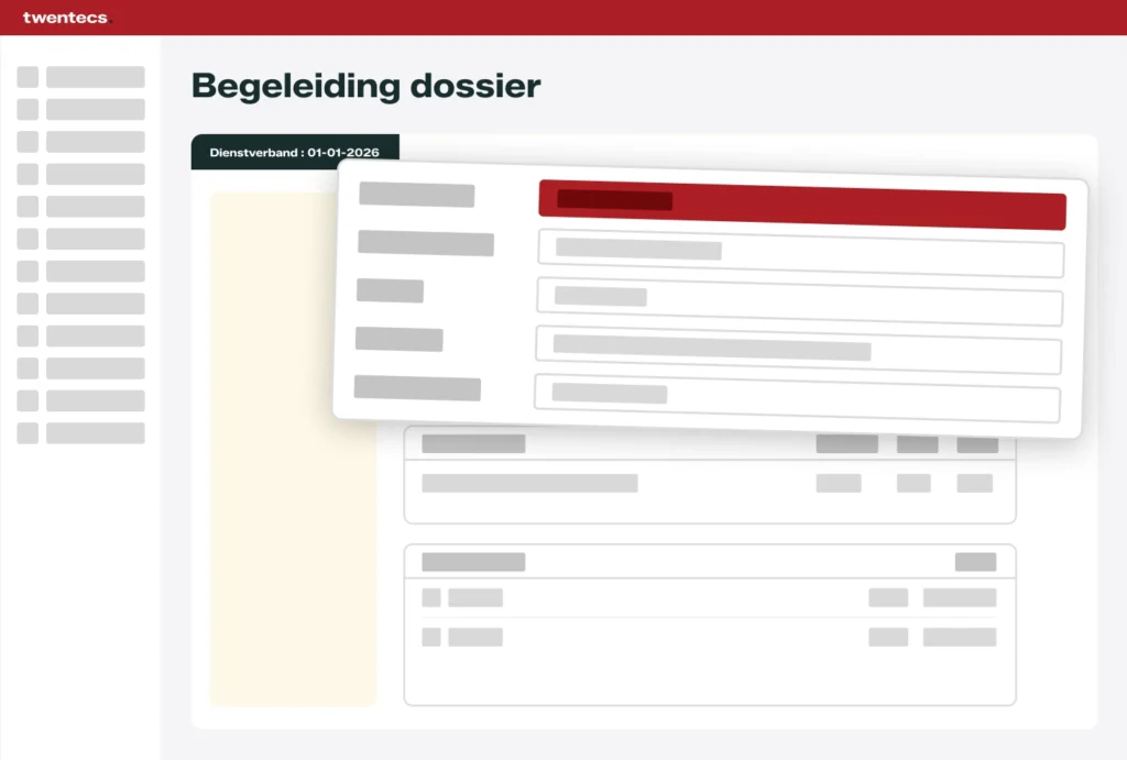 Schermweergave van de Twentecs-module Dossierbeheer met begeleidingsdossier en dienstverbandgegevens