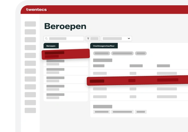 Schermweergave van de Twentecs-module Functiedatabase met een lijst van beroepen