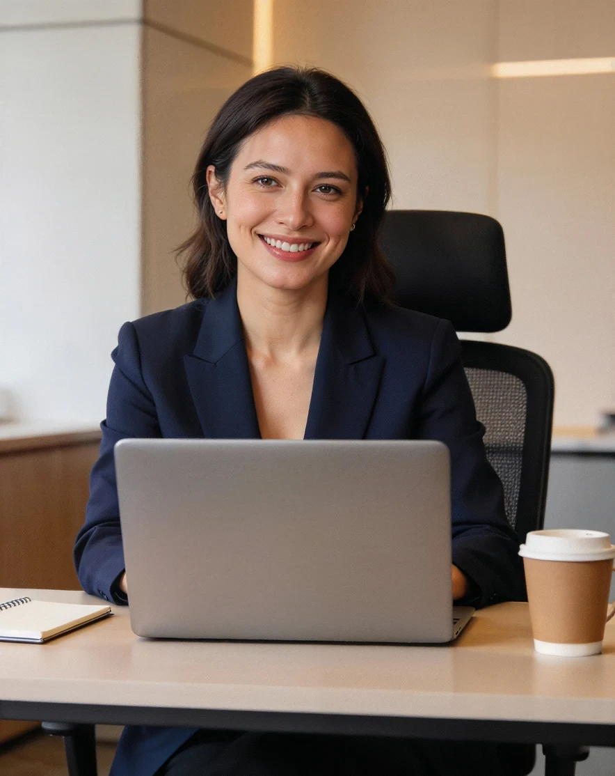 Vrouw achter een laptop met koffiebeker op kantoor
