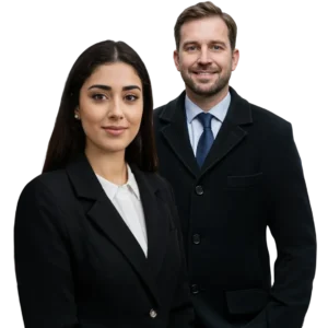Man en vrouw in zakelijke kleding, representatief voor incasso en deurwaarders