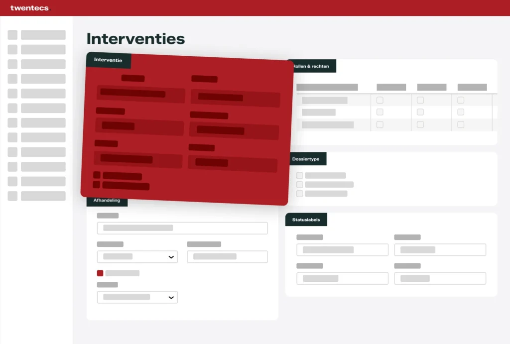 Schermweergave van de interventiemodule met rollen, rechten en statuslabels in Twentecs