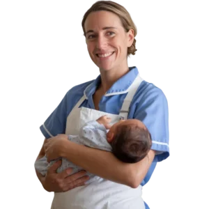Kraamverzorgende met een baby op de arm
