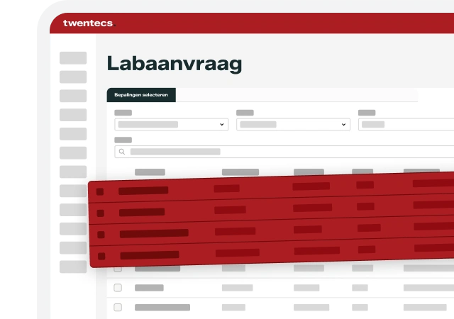 Schermweergave van de Twentecs-module Labaanvraag met een lijst met te selecteren bepalingen