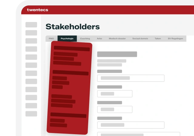 Schermweergave van de Twentecs-module Stakeholders met tabbladen voor Psychologie, Coaching en Arbo