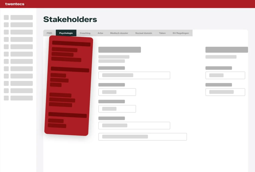 Schermweergave van stakeholderbeheer met tabbladen voor onder meer PMO, psychologie en coaching in Twentecs