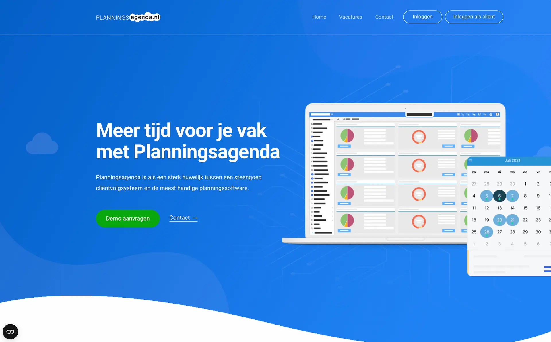 Schermafbeelding van de homepage van Planningsagenda.nl met dashboard-preview en agenda