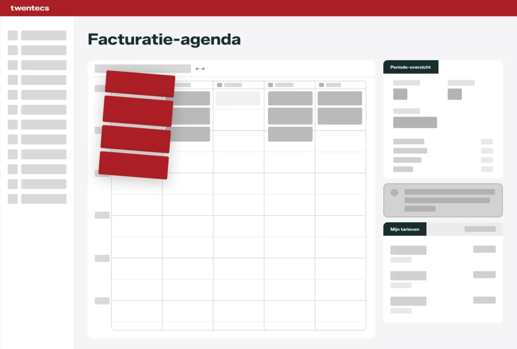 Schermweergave van de facturatie-agenda met periode-overzicht en tarieven in Twentecs