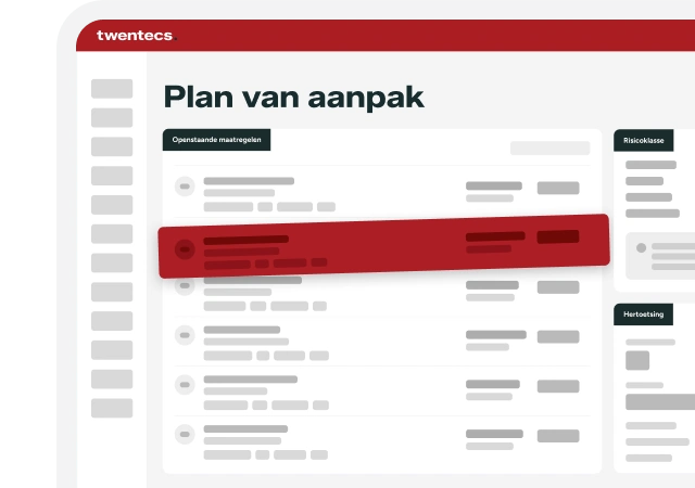 Schermweergave van de Twentecs-module RIE met het plan van aanpak, openstaande maatregelen en risicoklasse.