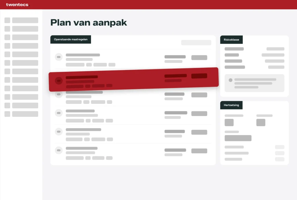 Schermweergave van de Twentecs RIE-module met plan van aanpak, openstaande maatregelen en risicoklasse
