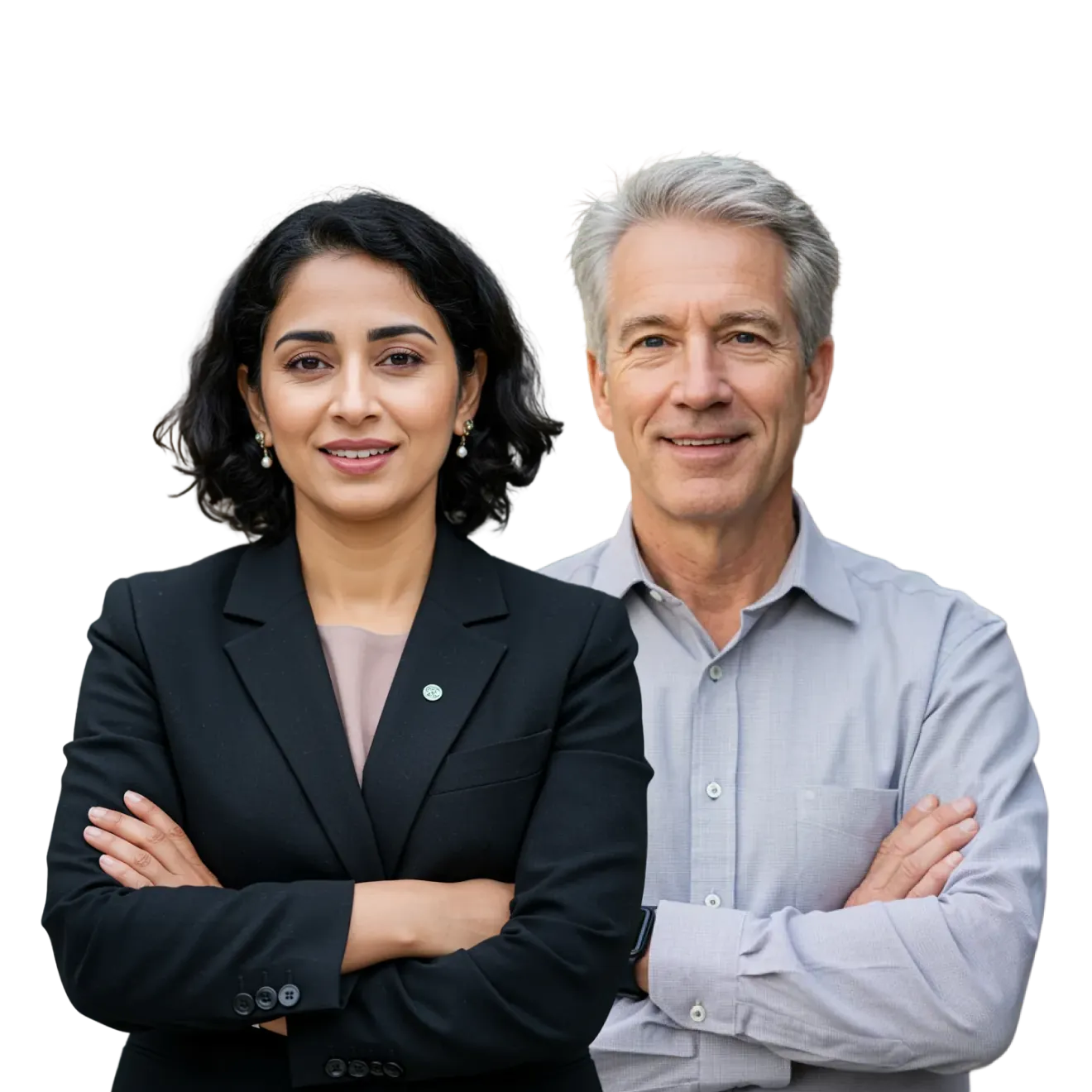 Man en vrouw met gekruiste armen, representanten van de Twentecs-suite Bemiddelt