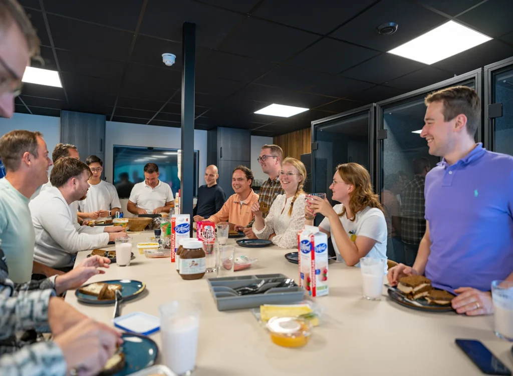 Groep collega's van Twentecs tijdens de gezamenlijke lunch.