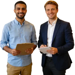 Twee mannen met klembord en notitieblok, representatief voor vluchtelingenwerk en inburgering