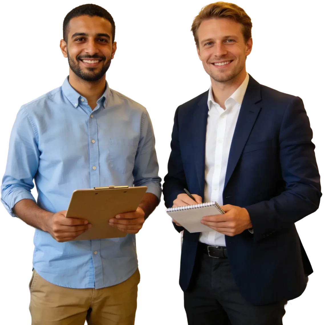 Twee mannen met klembord en notitieblok, representatief voor vluchtelingenwerk en inburgering