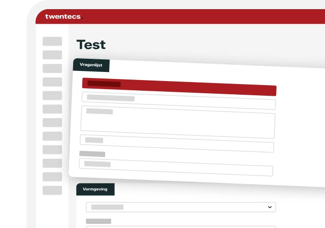 Schermweergave van de Twentecs-module Vragenlijst & Assessments met een testvragenlijst en vormgevingsopties